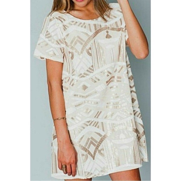 Show Me Your Mumu Tallulah White Tan Sequin Open Back Short Sleeve Mini Dress S - Picture 3 of 13
